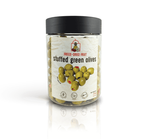 Azeitonas verdes liofilizadas recheadas com pasta de pimenta (salgadas)