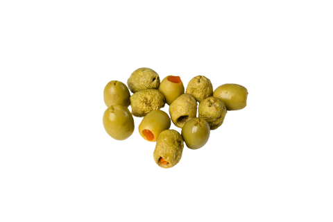 Azeitonas verdes liofilizadas recheadas com pasta de pimenta (salgadas)